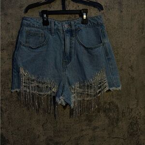 Forever 21 Blue Jean Shorts with Silver Fringe